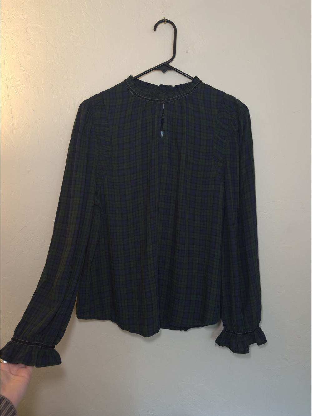 LOFT Petite S Plaid Velvet Trim Ruffle Cuff Blouse NWT